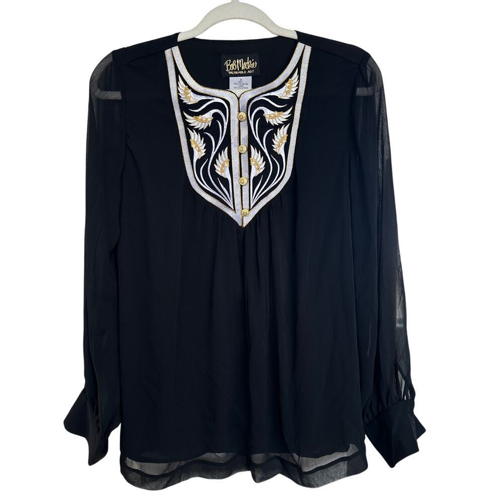 Bob Mackie Wearable Art Black Gold Embroidered Georgetta Bib Blouse, Size S, EUC